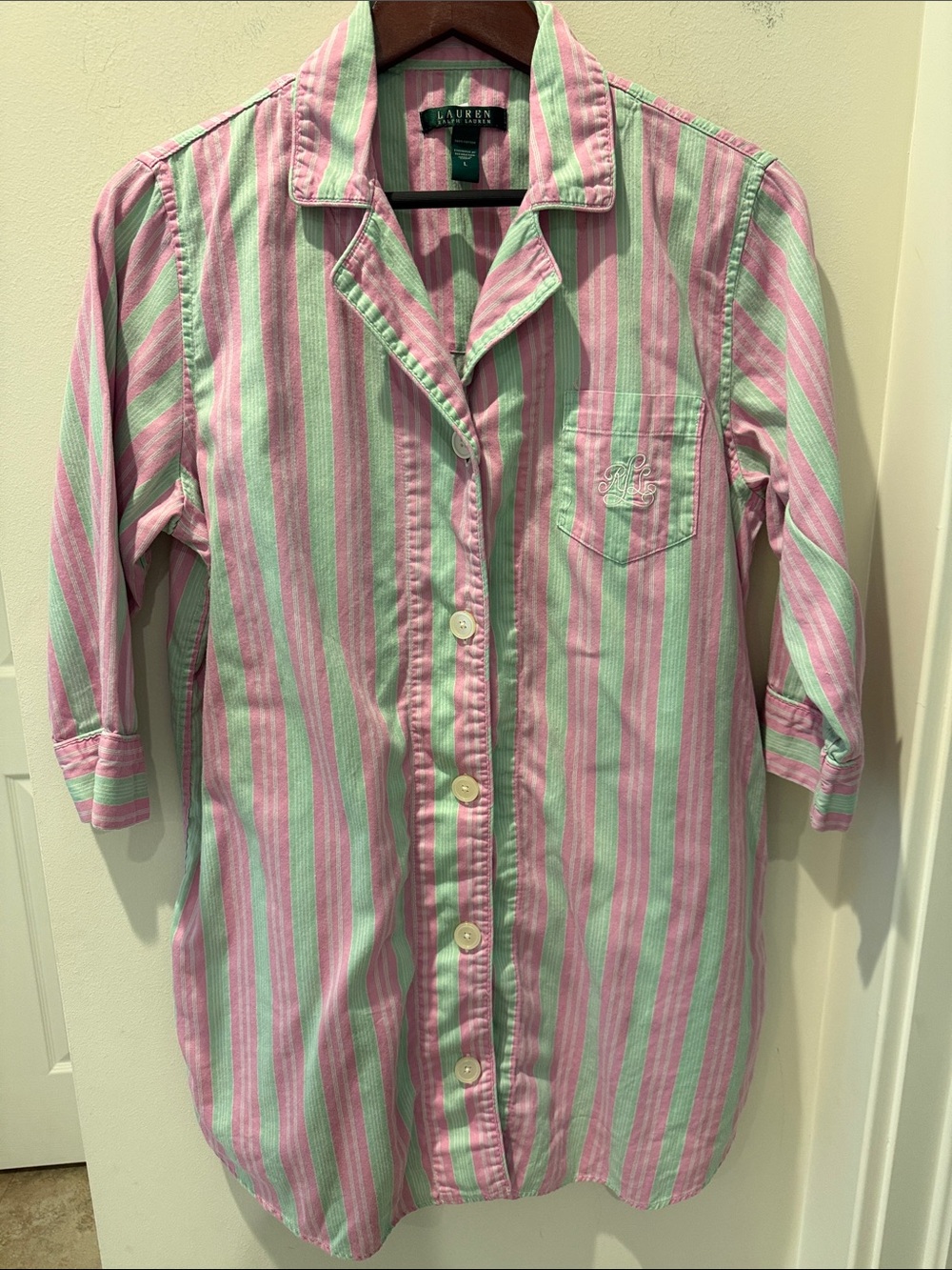 Lauren Ralph Lauren Pink & Mint Striped Button-Down Sleepshirt pocket size Large